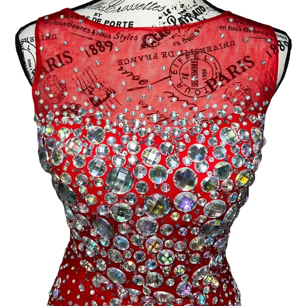 Red Rhinestone Mermaid Formal Prom Dress - Picture 3 of 6